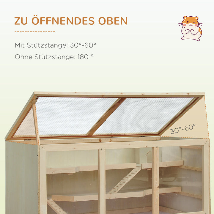 Hamsterbur af træ, 3 niveauer, gnaverbur med rengøringsbar hylde, smådyrsbur med foldelåg, trappe, træbur, bur til hamstere, dværghamstere, 115 x 57 x 55 cm, naturtræ
