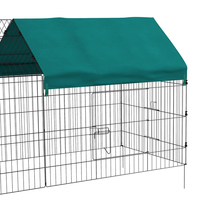Dyreindhegning med tag, 4 døre, vejrbestandig, stål/polyester, 220x85x103cm, grøn/sort