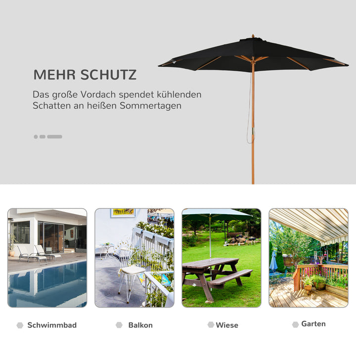 Parasol Ø 300 cm, parasol med UV-beskyttelse, træparasol til balkon, stabil strandparasol, markedsparasol, solbeskyttelse til strand, terrasse, have, sort