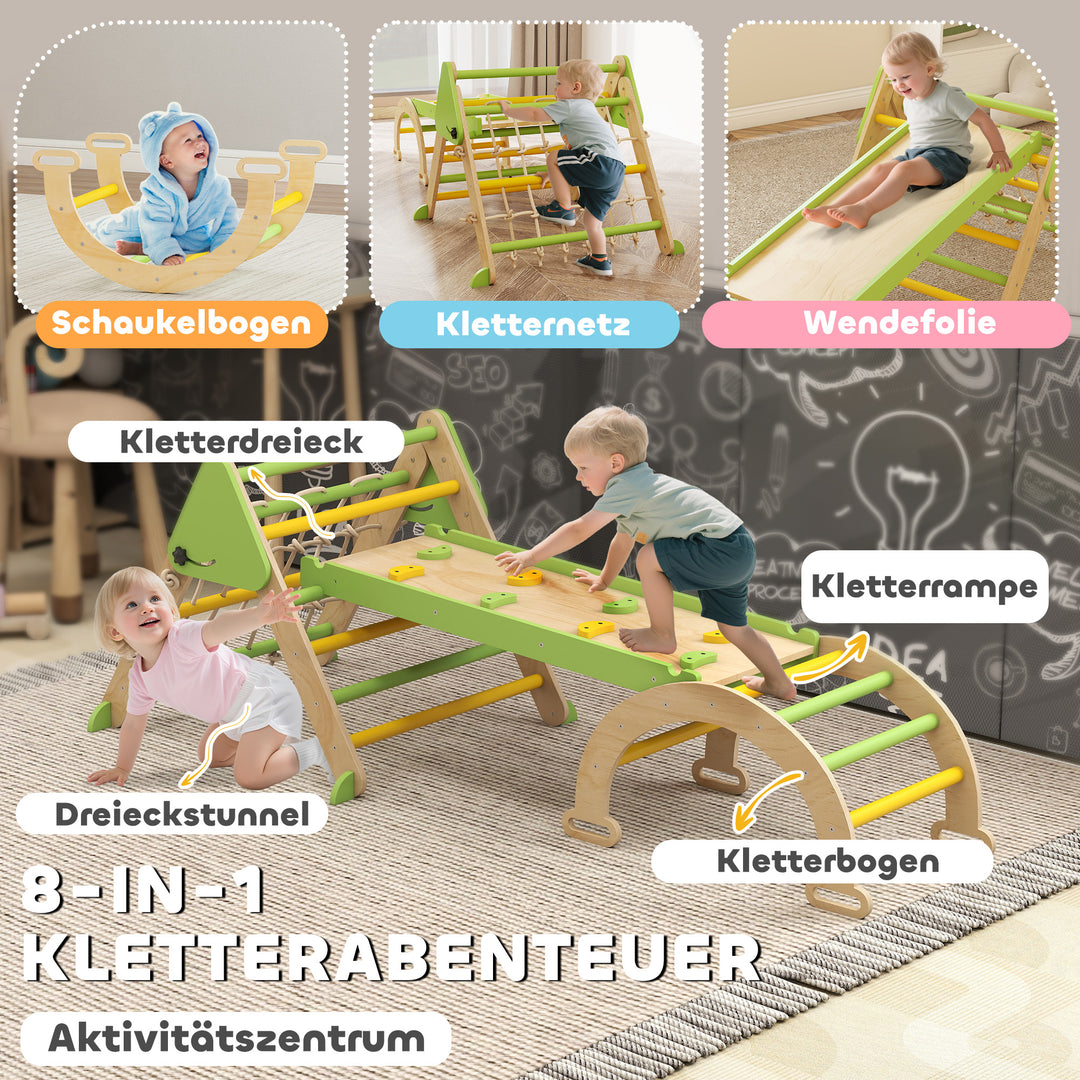 8-i-1 Montessori indendørs klatrestativ, træklatretrekant med klatrebue, dobbeltsidet rutsjebane, grøn