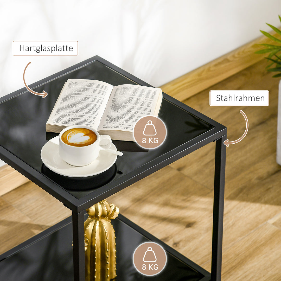 Sidebord med hærdet glasplade, 2 niveauer, klassisk design med metalstel, sort