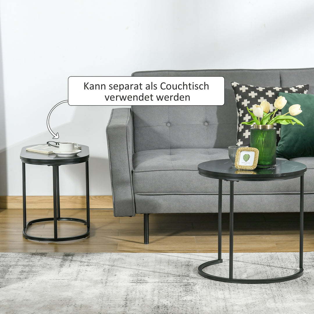 Sæt med 2 sofaborde, ovale og runde, stabelbare, marmorlook, mdf, metal, ø50 x 50,5h cm, sort
