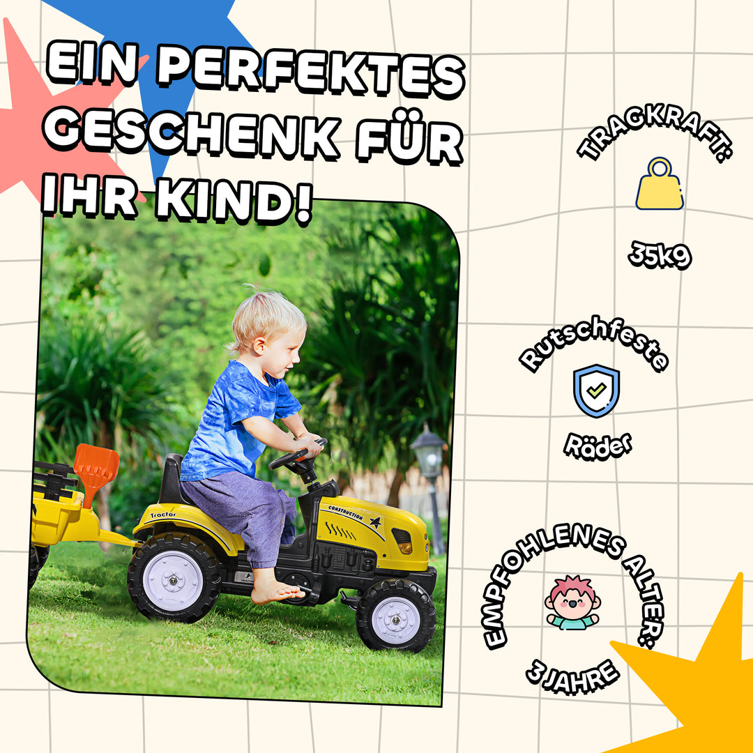 Pedaltraktor med anhænger, værktøj, horn, til børn fra 3 år, metalramme, sort-gul, 133 x 42 x 51 cm