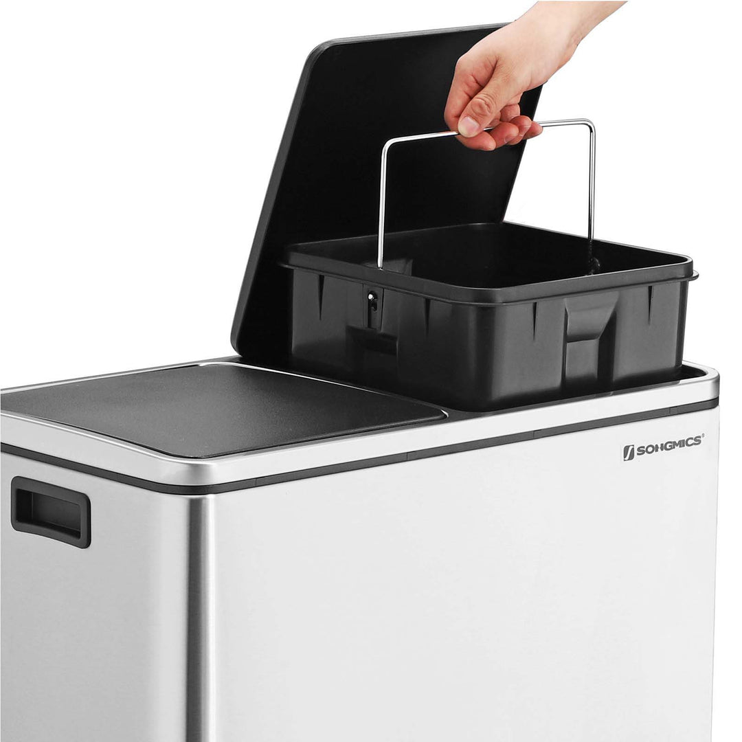 Pedalspand, dobbelt skraldespand, 2 x 24 l, med 2 rum, soft-close låg, pedaler, indvendige spande i plast og bæregreb, sølvfarvet