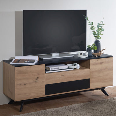 MDF tv-kommode med to låger, naturfarvet eg og sort, japandi-look, 150x60x40 cm