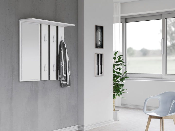 Knagerække med hylde og spejl, mat hvid