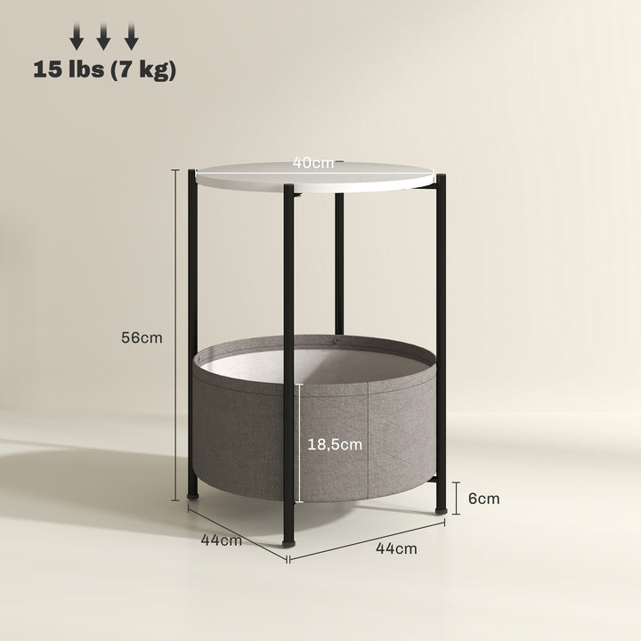 Rundt sidebord med stofkurv, 2-etagers sofabord til stue, soveværelse, små rum, metal, grå+hvid