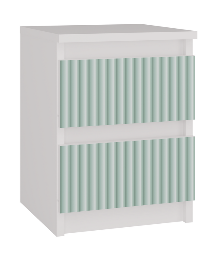 Moderne sengebord med 2 skuffer, farve: hvid med front i mint