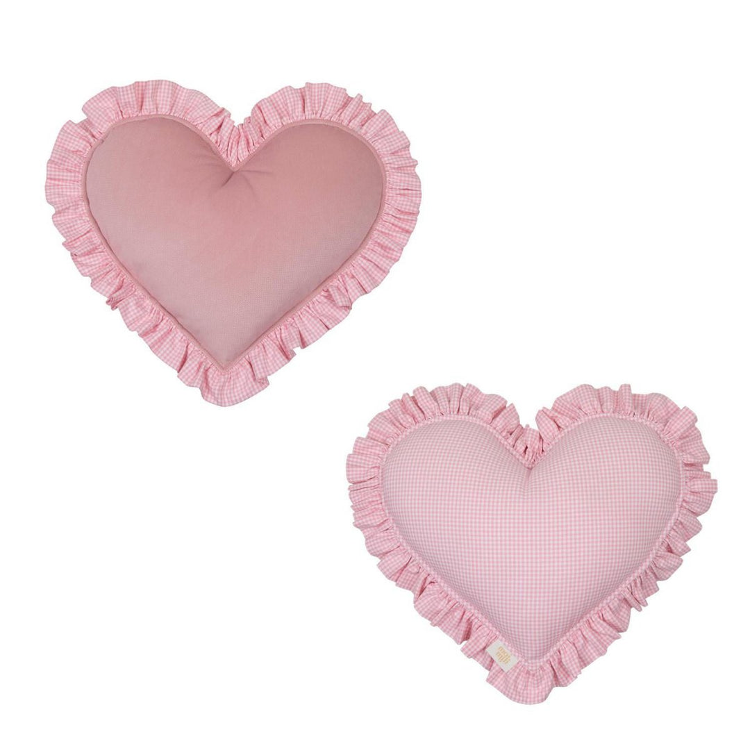 Dobbeltsidet hjertepude med en frilly, pastelrosa ternet