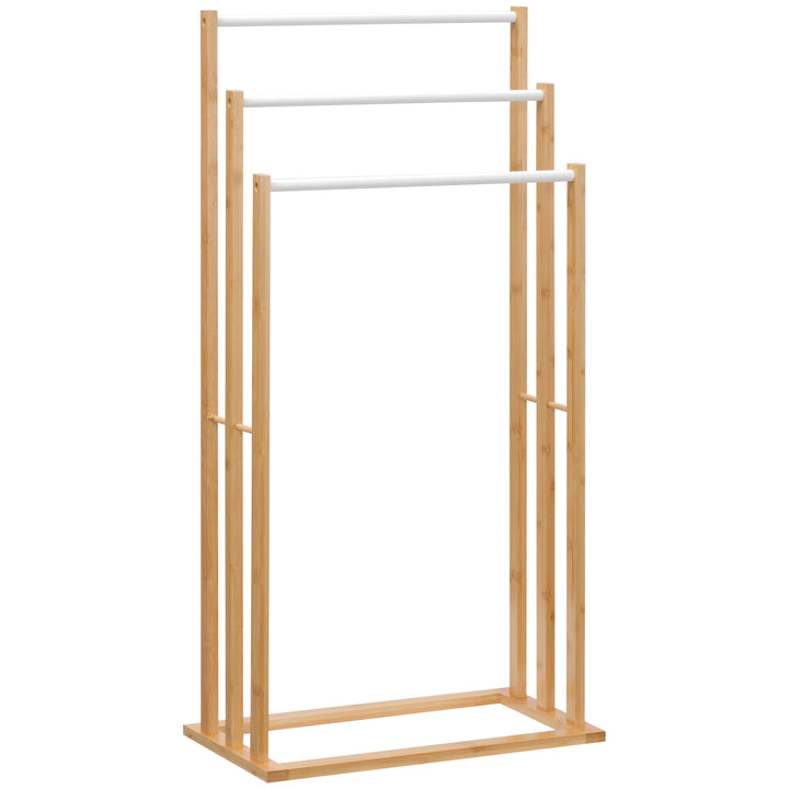 Håndklædestativ i bambus. 3-delt design, 3 håndklædestænger, 48 cm x 25,8 cm x 94 cm, naturfarvet + hvid