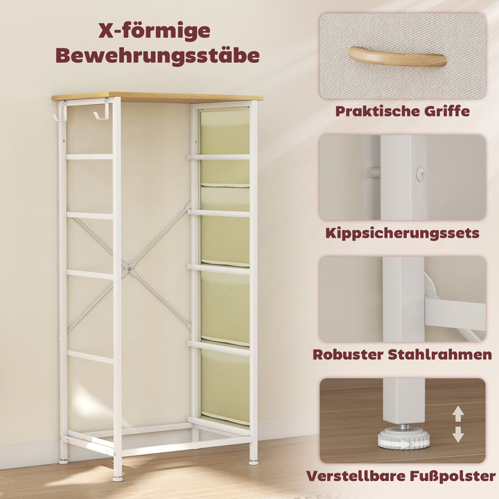 Soveværelseskommode med 5 stofskuffer, stålstøtter, træoverflade, 4 opbevaringslommer, 2 kroge, beige