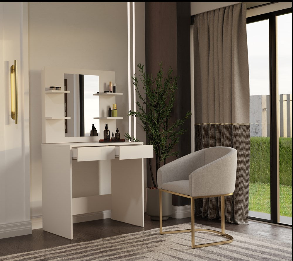 Elegant sminkebord med spejl og 4 hylder, kashmir-farvet