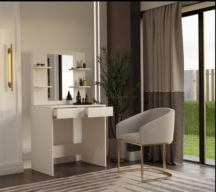 Elegant sminkebord med spejl og 4 hylder, kashmir-farvet