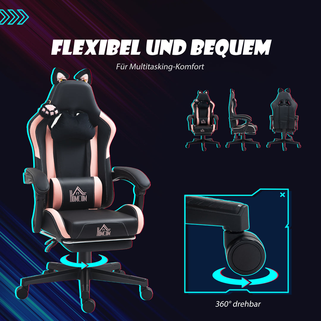 Gamingstol med katteører, lænelæn, udtrækkelig fodstøtte, op til 120 kg, pink/sort