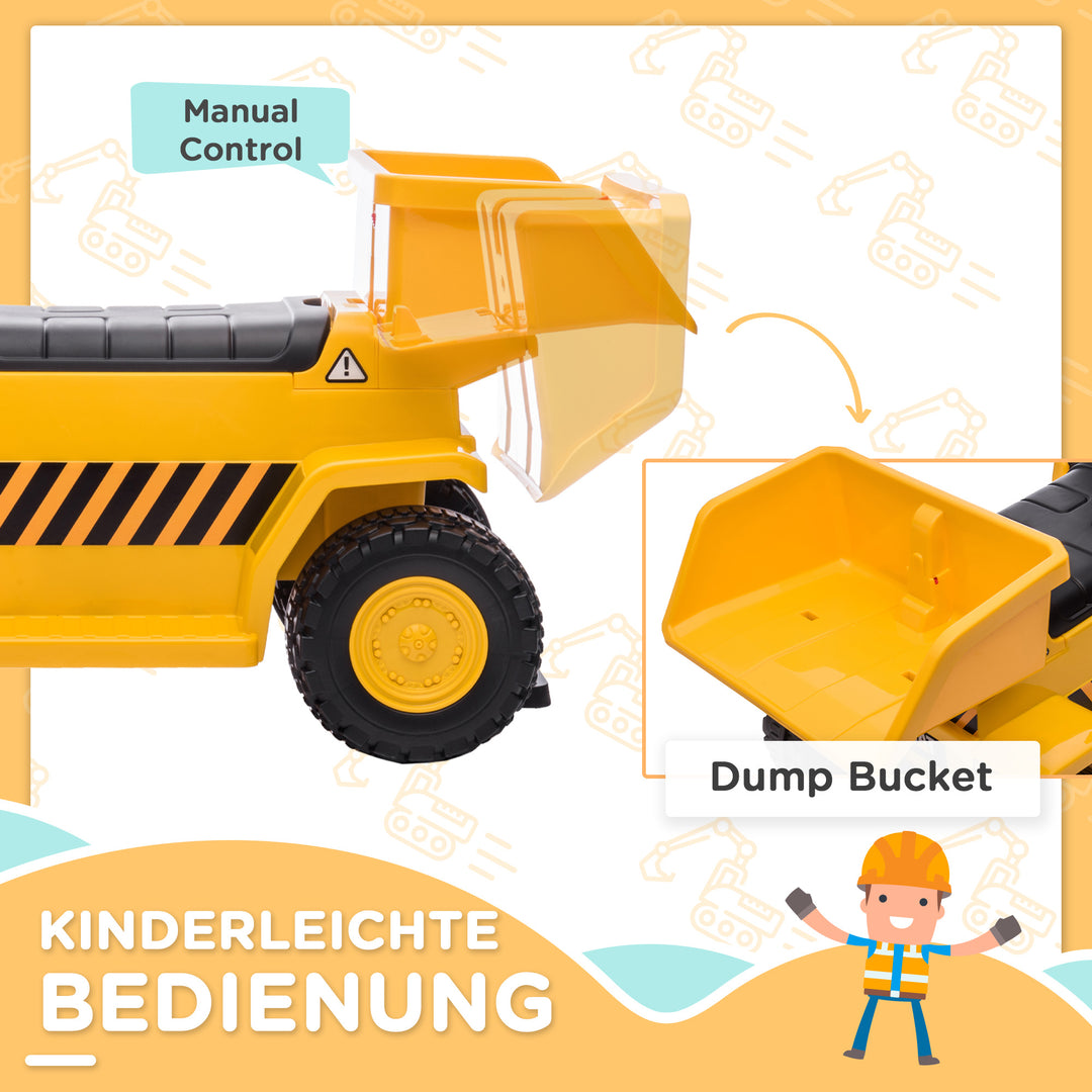 Elektrisk dumptruck til børn, vipbart læsseområde, maks. 3 km/t, forlygter, horn, gul, 74,5 x 36 x 43,5 cm