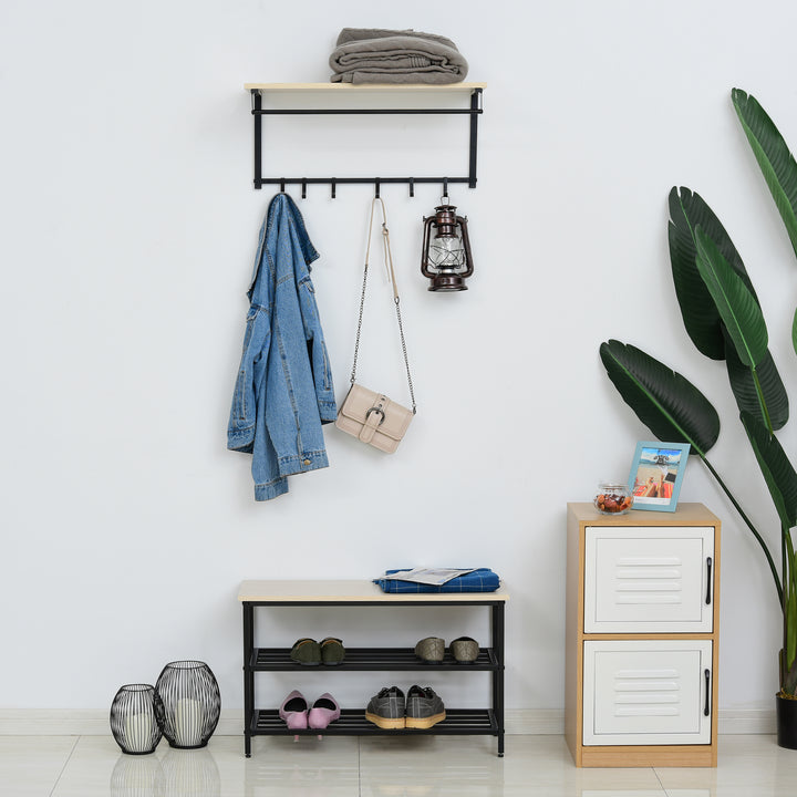 2-I-1 garderobesæt til entré med bænk, vægmonteret knagerække til entré, 6 kroge, natur+sort, 75 x 30 x 45 cm (bænk)