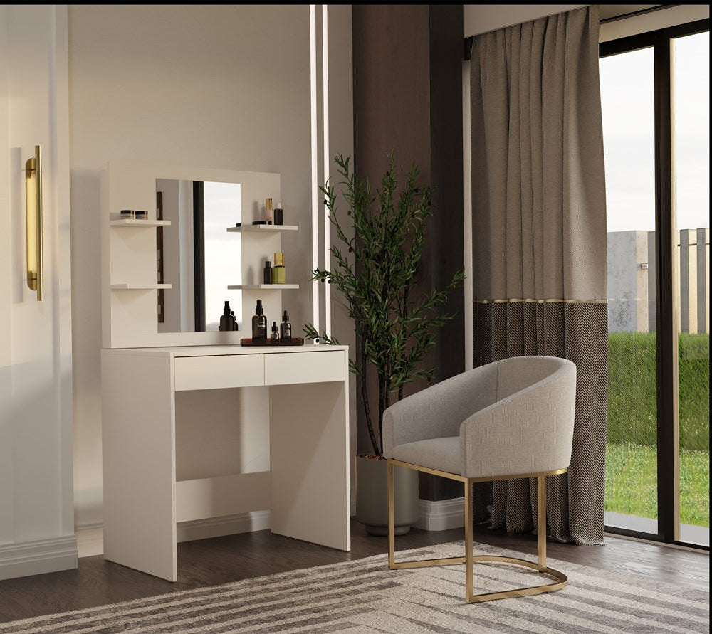 Elegant sminkebord med spejl og 4 hylder, kashmir-farvet