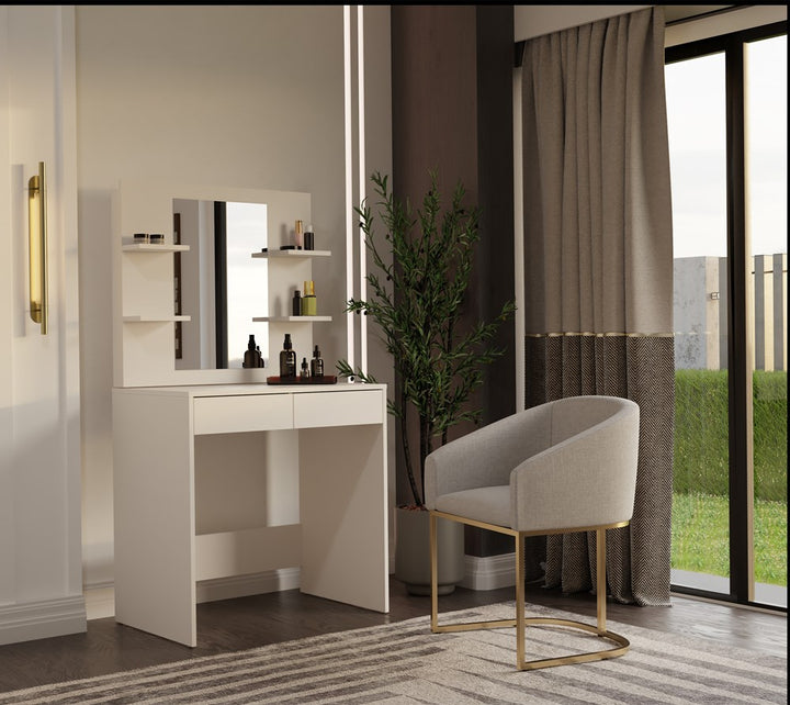 Elegant sminkebord med spejl og 4 hylder, kashmir-farvet