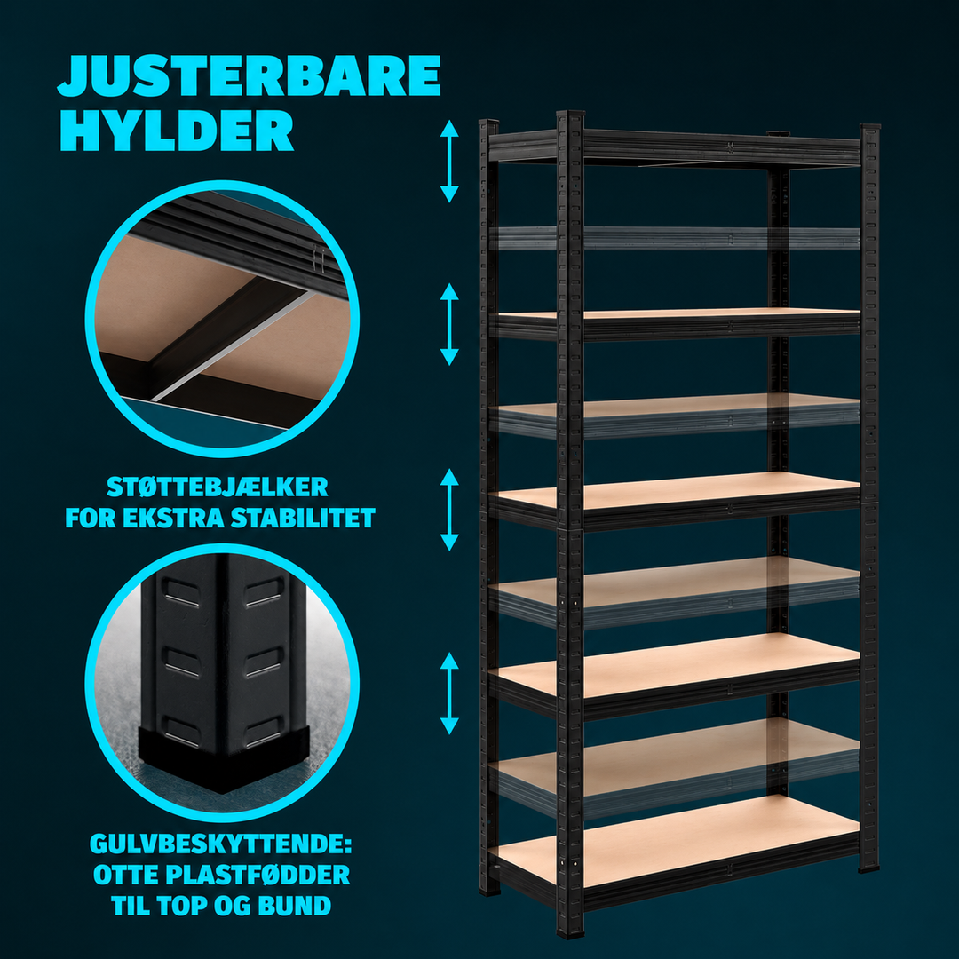 2 kraftige reoler, 875 kg, 180x90x40 cm, sort