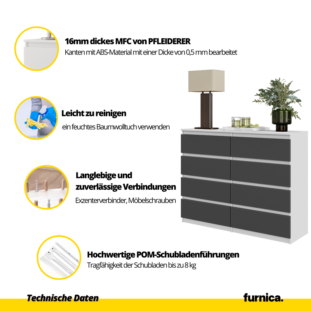 GABRIEL – kommode / sideboard med 8 skuffer – mat hvid / antracit – H92 cm B120 cm D33 cm