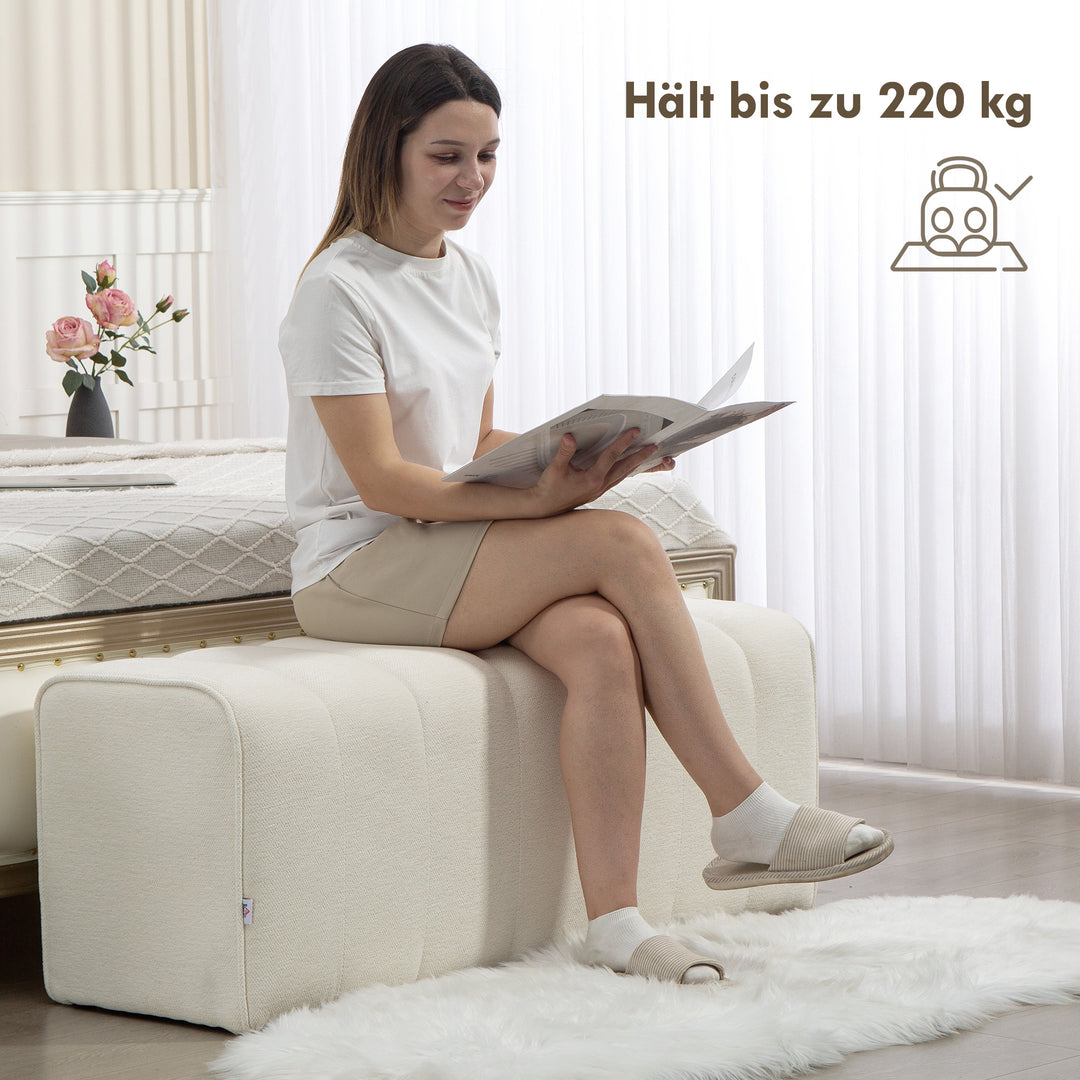 Moderne soveværelsesbænk, polstret bænk med træramme, bæreevne op til 220 kg, fodstøtte, cremehvid