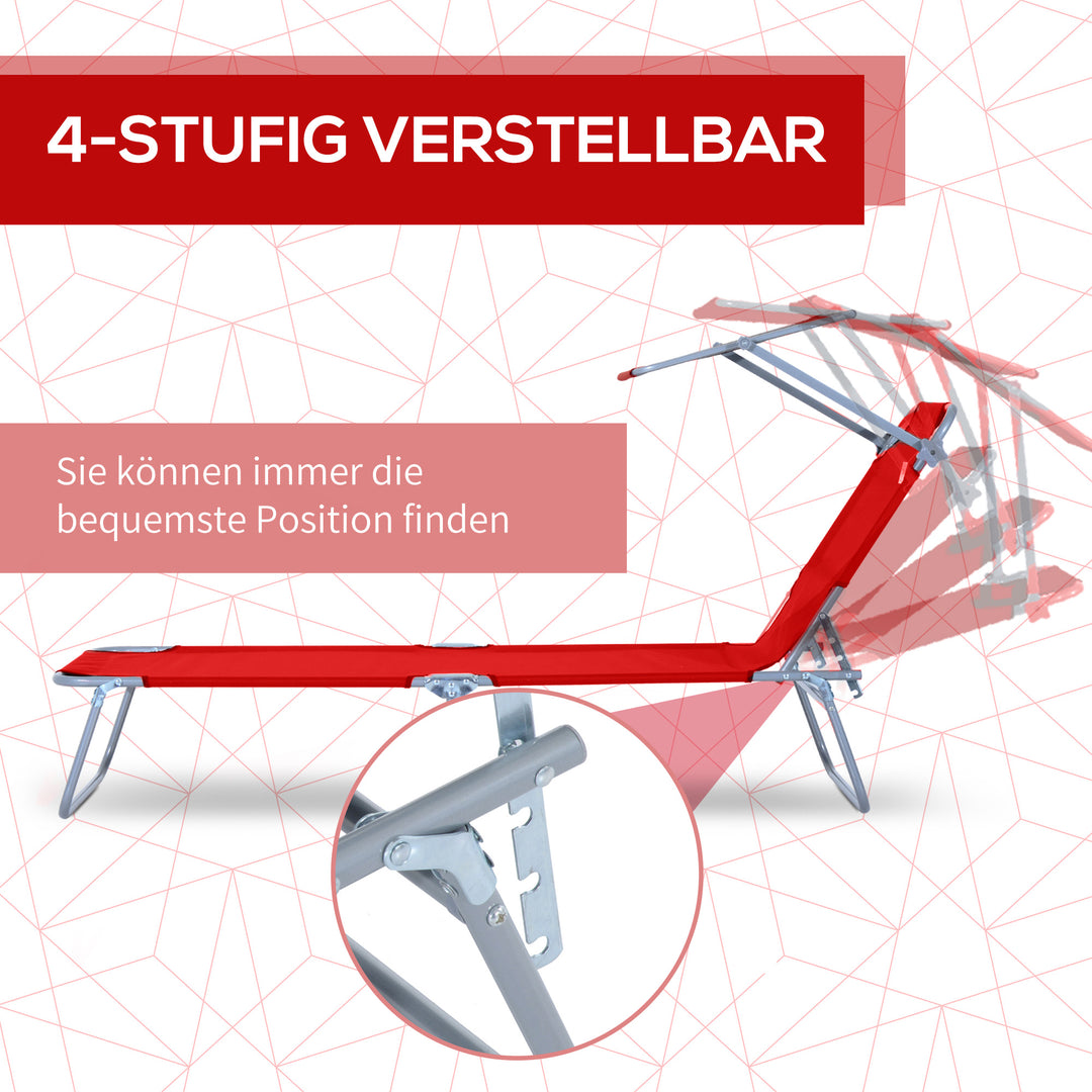 Sammenklappelig liggestol, haveliggestol med baldakin, liggestol med 4-positions justerbar ryglæn, vejrbestandig campingliggestol, lasteevne op til 120 kg, til have, strand, pool, rød