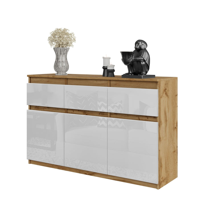 NOAH - Kommode med 3 skuffer - naturfarvet / højglans hvid H75cm B120cm D35cm