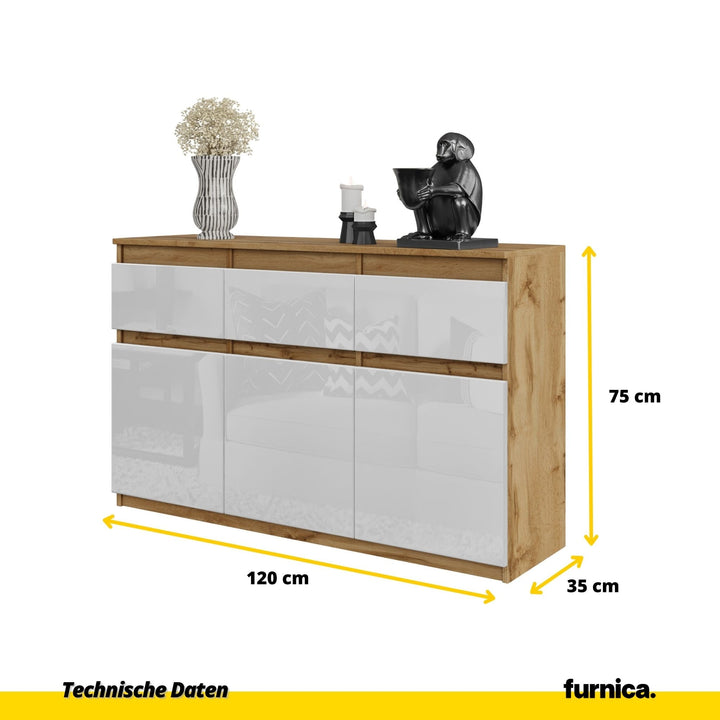 NOAH - Kommode med 3 skuffer - naturfarvet / højglans hvid H75cm B120cm D35cm