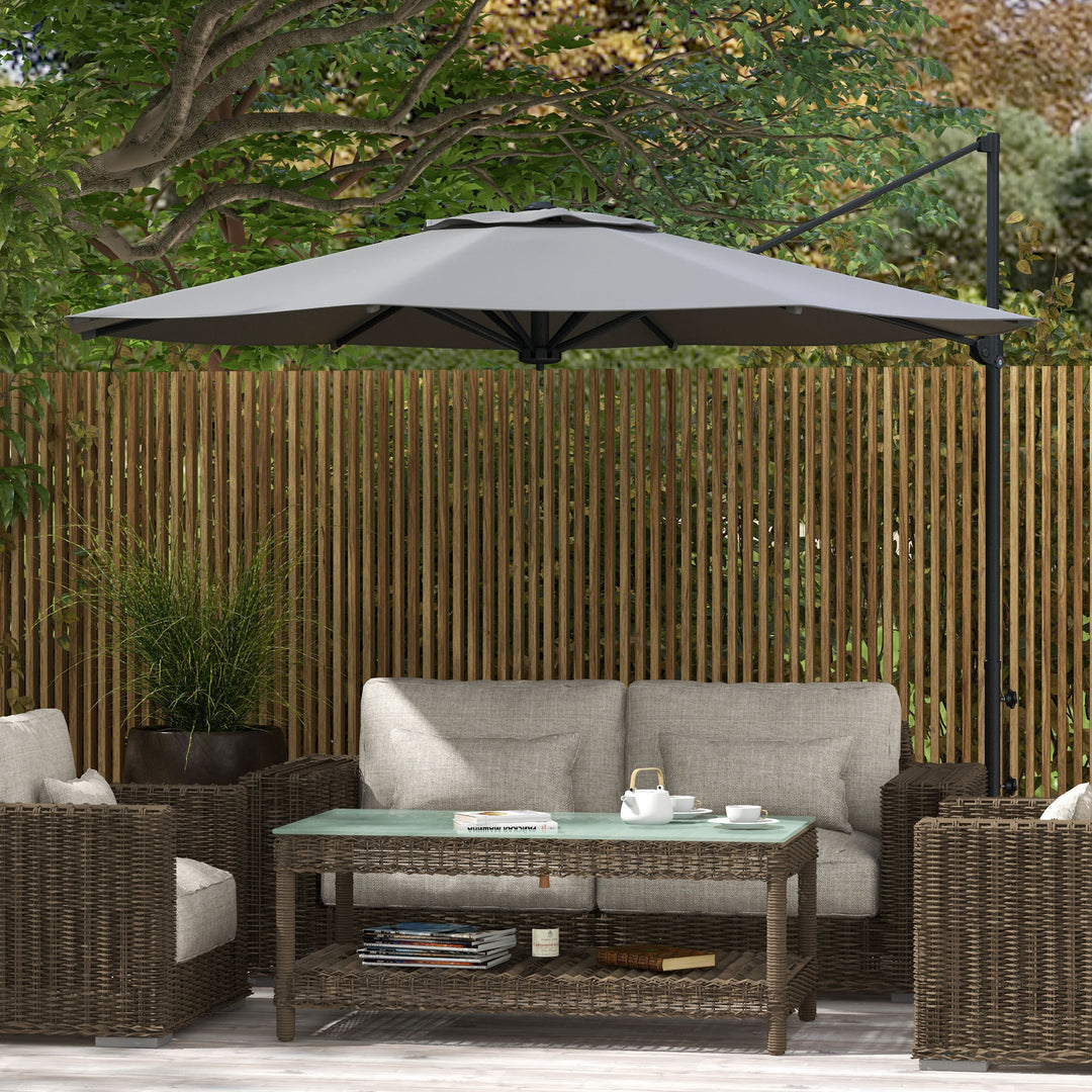 Ø3 m cantilever parasol, vipbar, drejelig, håndsving, vindfang, metalmast, mørkegrå