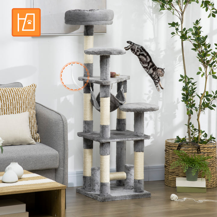 Kradsetræ til katte, legetårn til katte, klatretræ til katte, kradsetræ til hængekøje, grå l40 x b40 x h132 cm