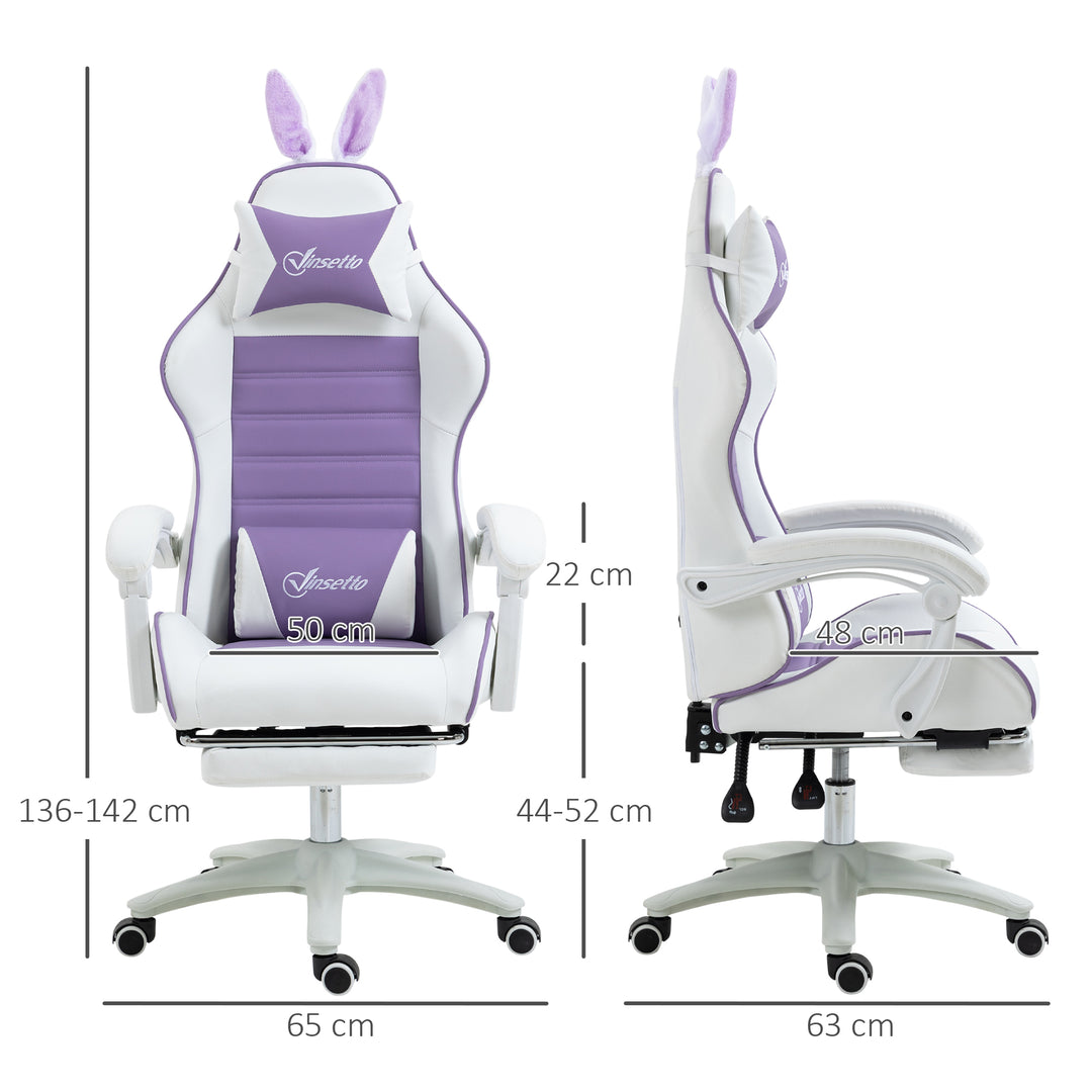 Gamingstol ergonomisk med lændestøtte, fodstøtte, pude med kaninører, lilla