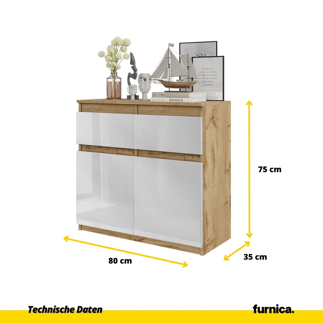 NOAH - Kommode med 3 skuffer - naturfarvet / højglans hvid H75cm B80cm D35cm