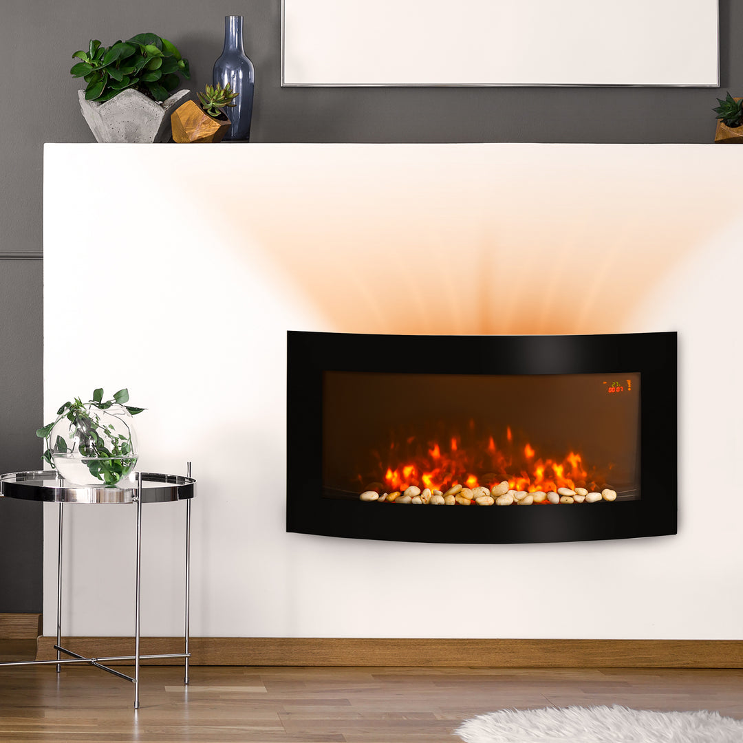 Elektrisk pejs med varmelegeme, vægmonteret pejs med LED-flammeeffekt, 7 flammefarver, 1000/2000 W, elektrisk pejs med timer, justerbar termostat, dekorativ pejs med fjernbetjening, sort, 89,2 cm