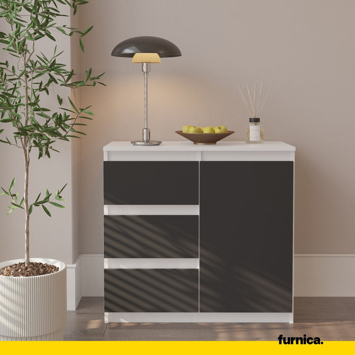 MIKEL – Kommode med 3 skuffer og 1 dør – hvid mat / antracitgrå H75 cm B80 cm D35 cm