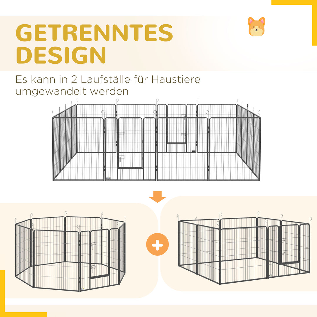 Hvalpegård, modulært design, 16 elementer, 2 døre, vejrbestandig, stål, 3,2 x 3,2 x 1 m, grå