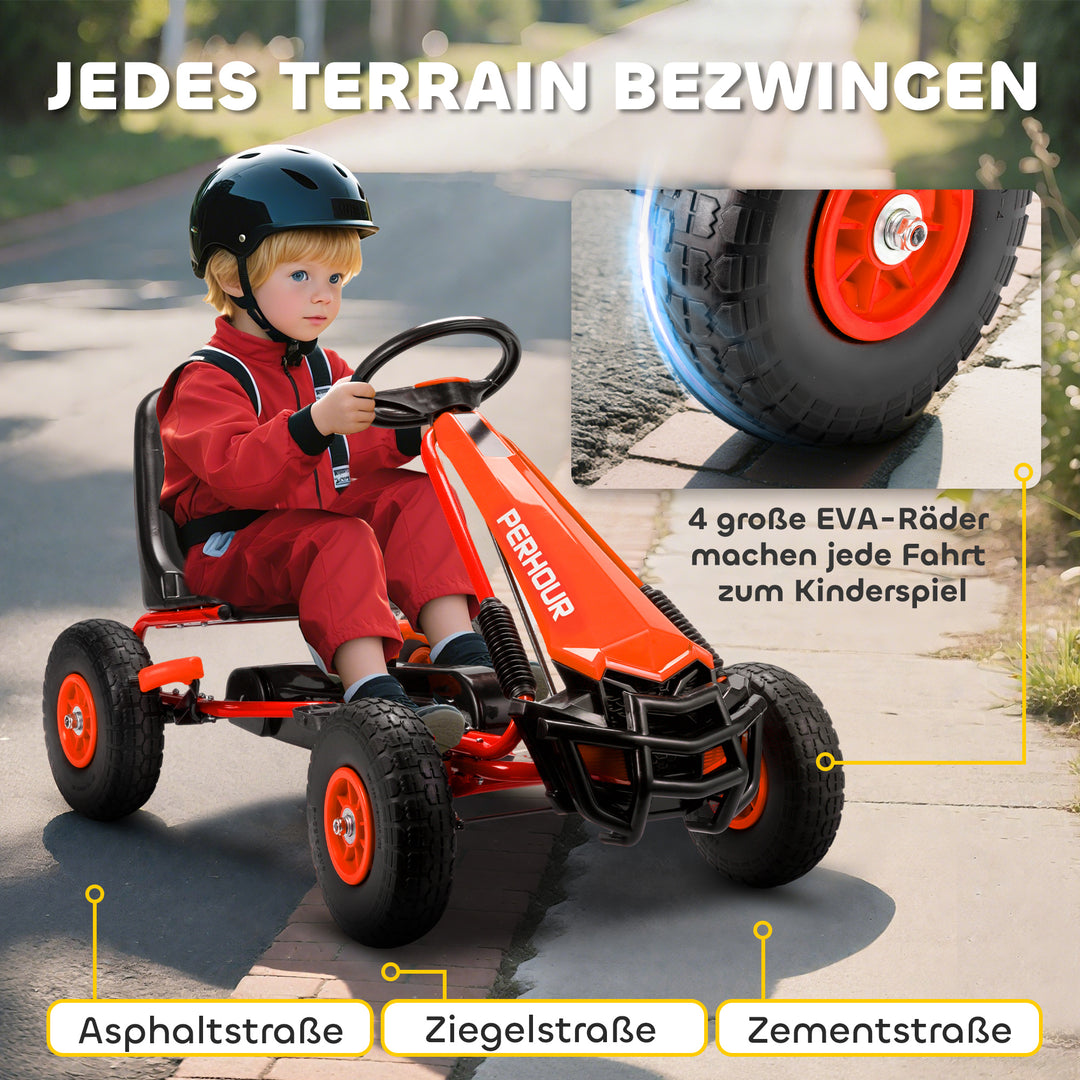 Pedal-gokart til børn, højdejusterbart sæde, EVA-hjul, bremse, kobling, alder 3-8, rød