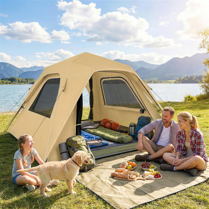 Pop-up-telt med regnslag, vandtæt kuppeltelt til 2-3 personer med 2 døre og 2 vinduer, 240x240x160 cm, khaki