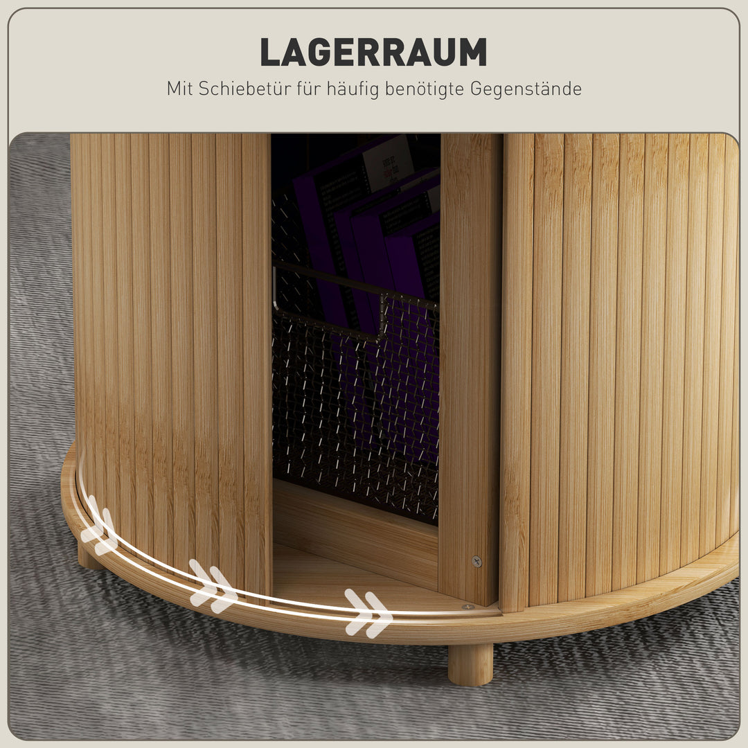 Sidebord, rundt, med opbevaringsplads, skydedør, bambus, Ø60 x 45 cm, lasteevne op til 20 kg