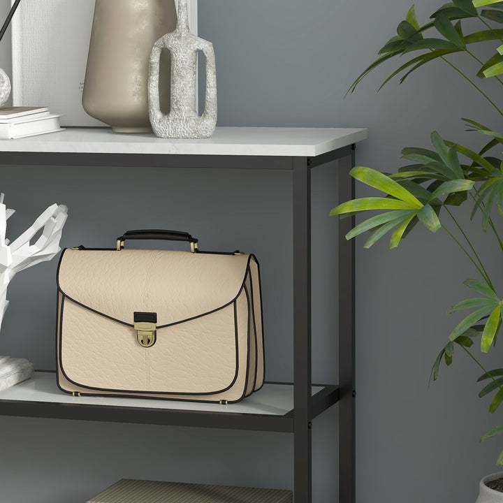 Konsolbord i industrielt design, 2 hylder, marmorlook, sort + hvid