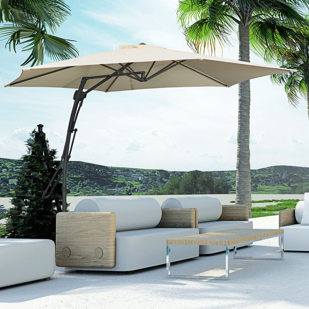 Fritstående parasol Ø293cm, solskærm med sidegreb, krydsfod, vindtæt, vandafvisende, cremehvid