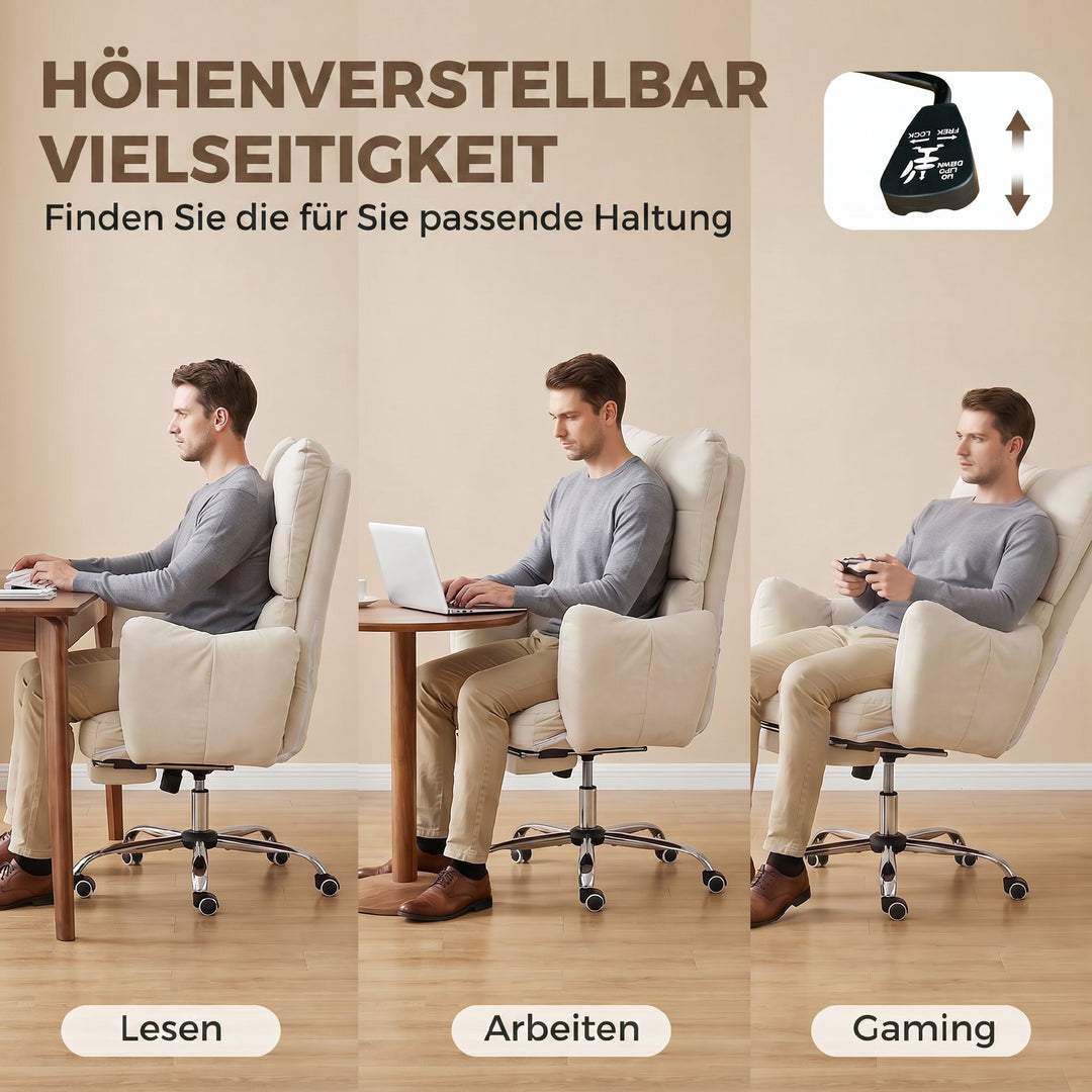 Kontorstol med fodstøtte, ergonomisk drejestol med vippefunktion, justerbar høj ryglæn, sneflannelstof