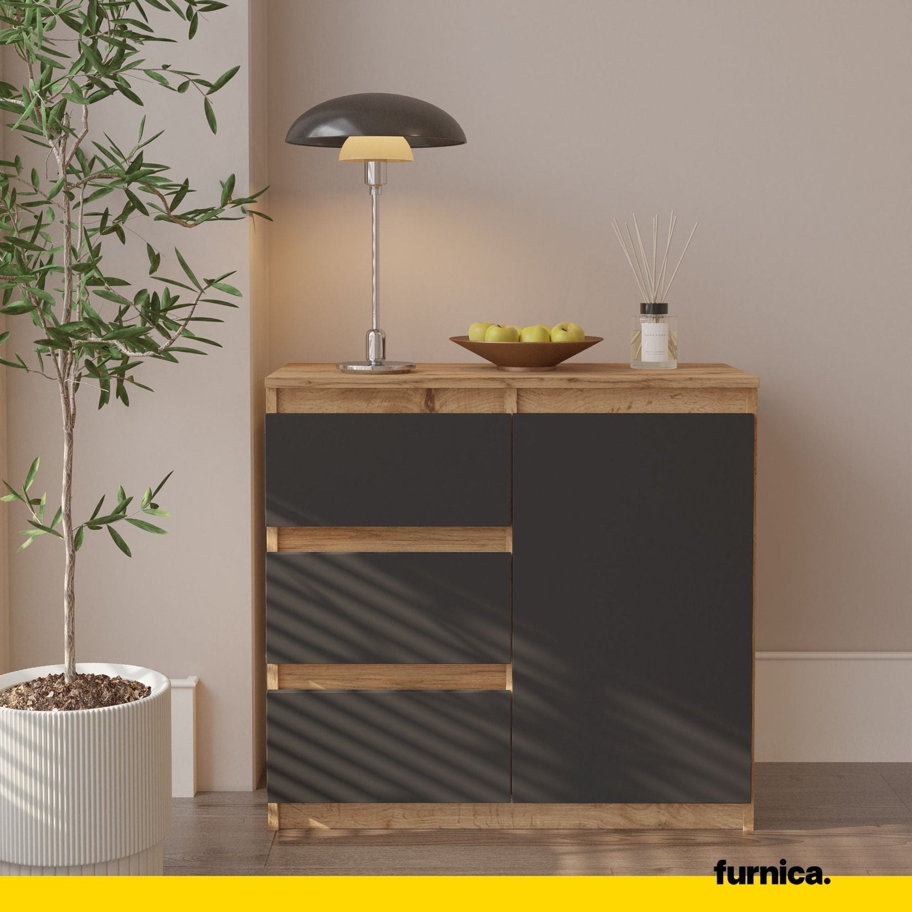 Mikel kommode med 3 skuffer i naturfarvet og antracit grå, 80 cm bred