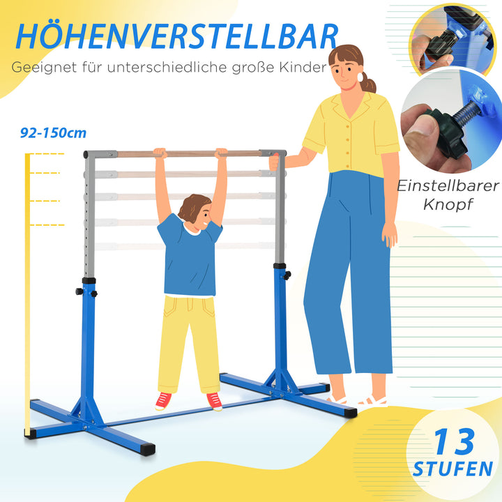 Gymnastikstang, 13 niveauer højdejusterbar, træ- og robust stålkonstruktion, lasteevne op til 75 kg, til 3+ børn, indendørs/udendørs, blå
