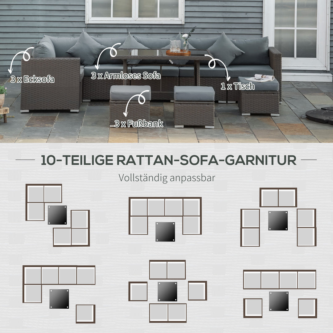 Havesæt med 10 dele i rattan-look med sæde- og ryghynder, rustfri metalramme, mørkegrå
