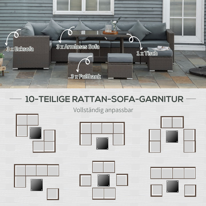 Havesæt med 10 dele i rattan-look med sæde- og ryghynder, rustfri metalramme, mørkegrå