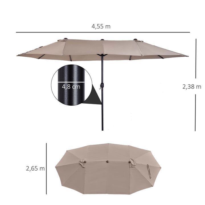Dobbeltparasol 455 x 270 cm haveparasol med håndsving oval stabil metalstang markedsparasol dobbeltparasol terrasseparasol solbeskyttelse til strand balkon terrasse have lys kaffe
