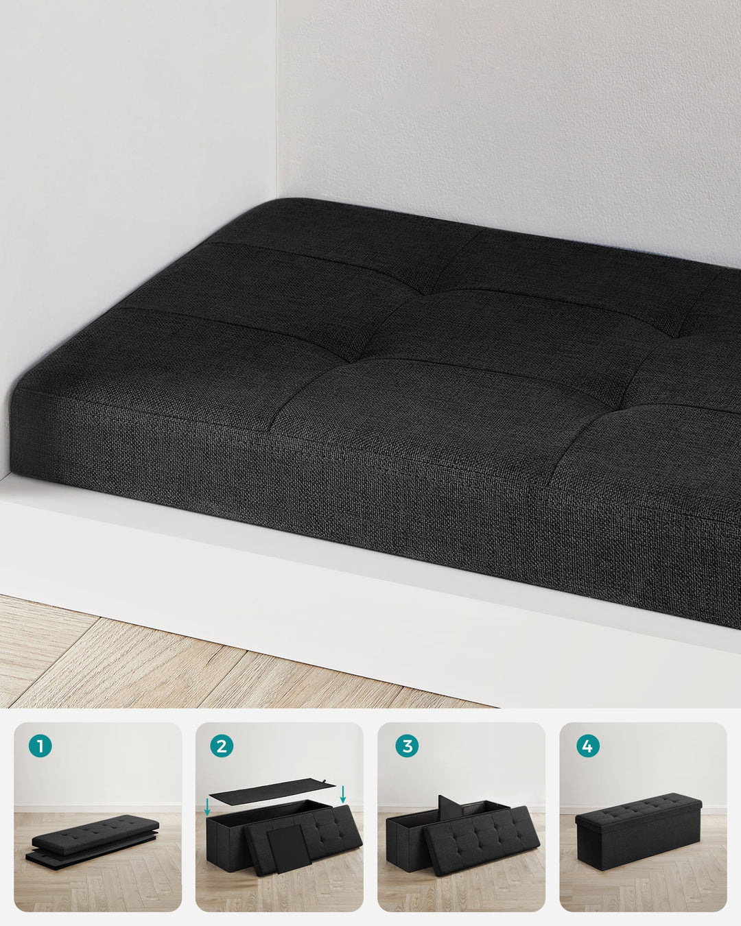 Puf med opbevaring – blæksort (110 cm)