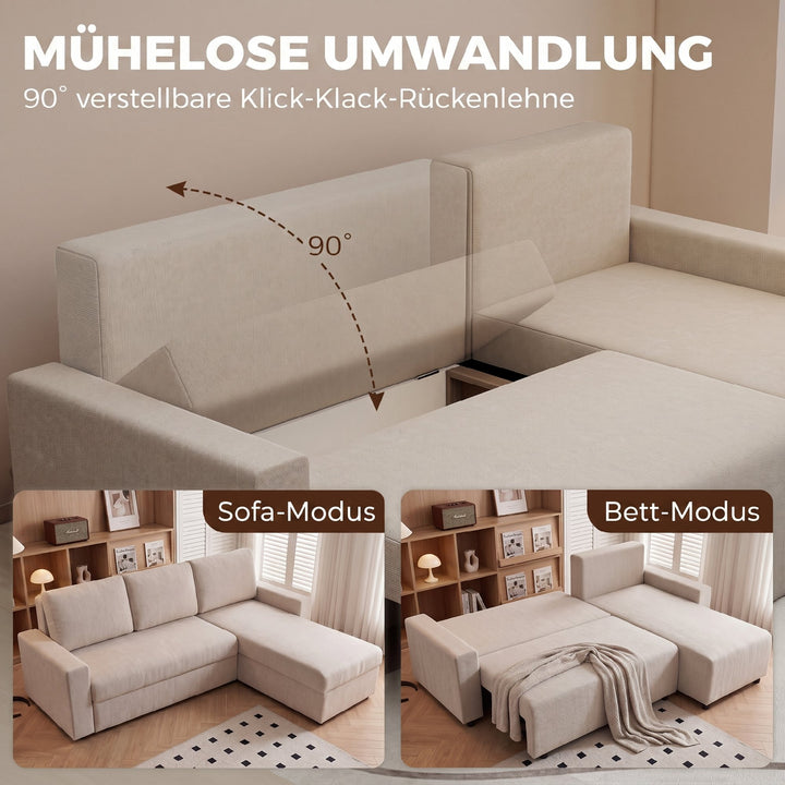 Hjørnesofa med sovefunktion og vendbar chaiselong, L-formet 3-personers sofa med velourbetræk, beige