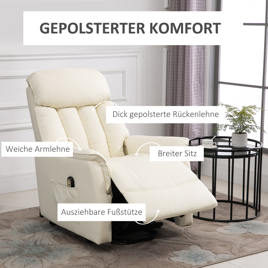 Elektrisk lænestol med ståstøtte, lænefunktion, tv-stol med fodstøtte, sidelomme, fjernbetjening, til stue, op til 150 kg, kunstlæder, beige