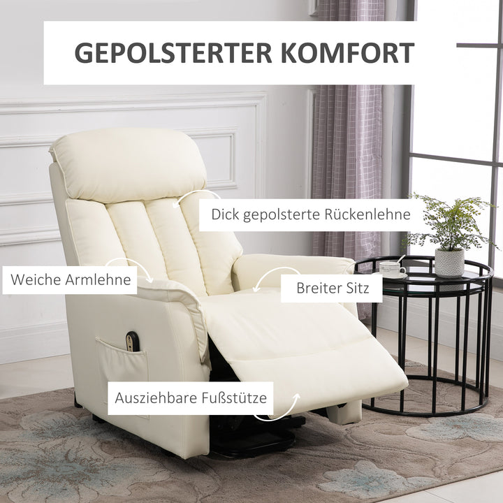 Elektrisk lænestol med ståstøtte, lænefunktion, tv-stol med fodstøtte, sidelomme, fjernbetjening, til stue, op til 150 kg, kunstlæder, beige